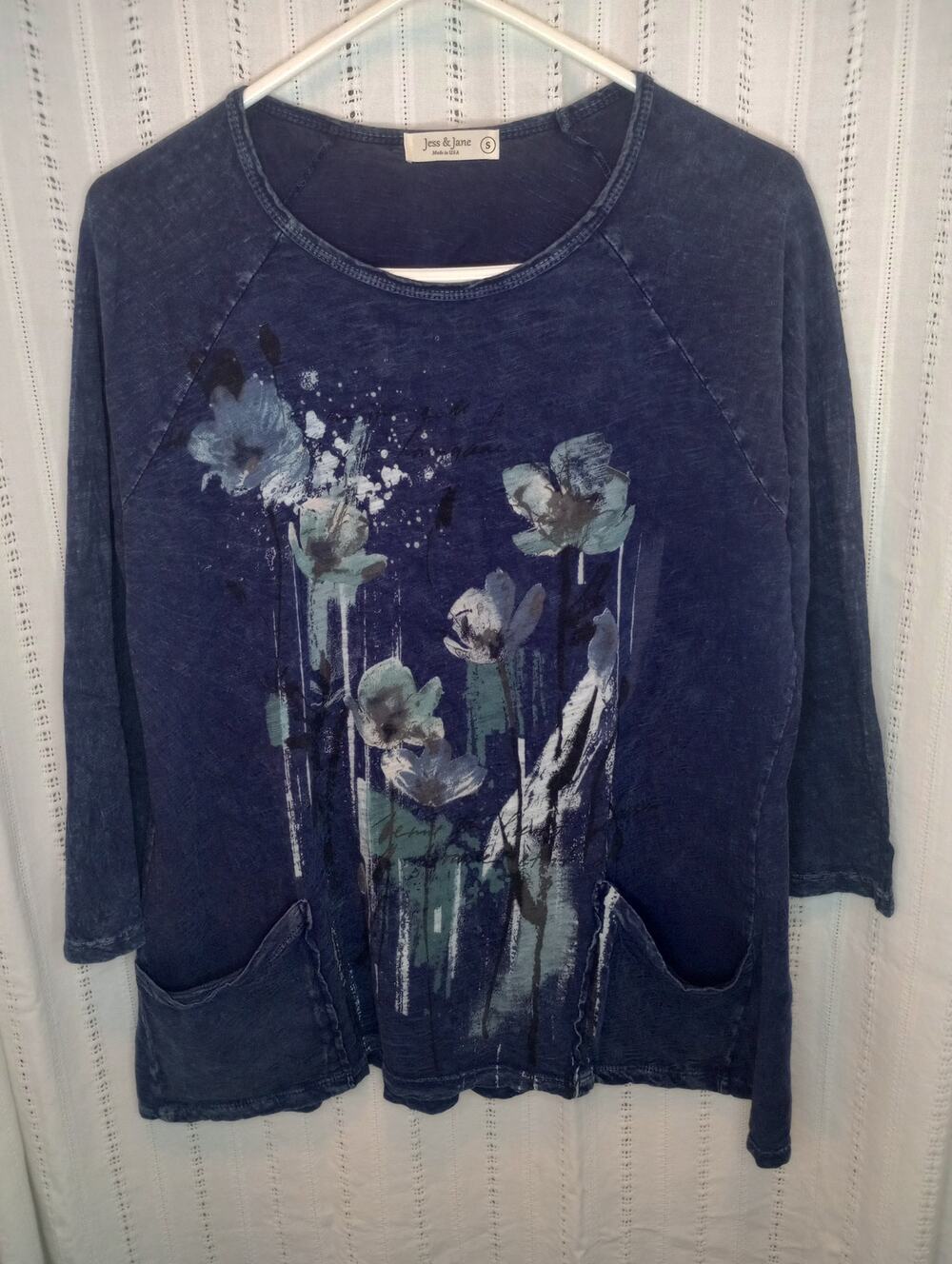 Jess & Jane "Sierra" Mineral Wash Cotton Tunic Pockets Art to Wear Floral Artsy
